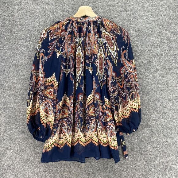 5/$45 Cato Blouse Women S Small Blue Geometric Crew Neck Tasseled Long Sleeve - Picture 2 of 10